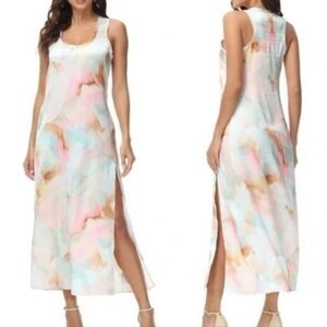 Frye NWT Watercolor Pastel Satin Scoop-Neck Side-Slit Maxi Dress Women's Size M